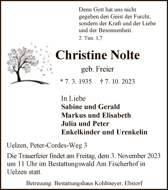 Todesanzeige von Christine Nolte von UEL