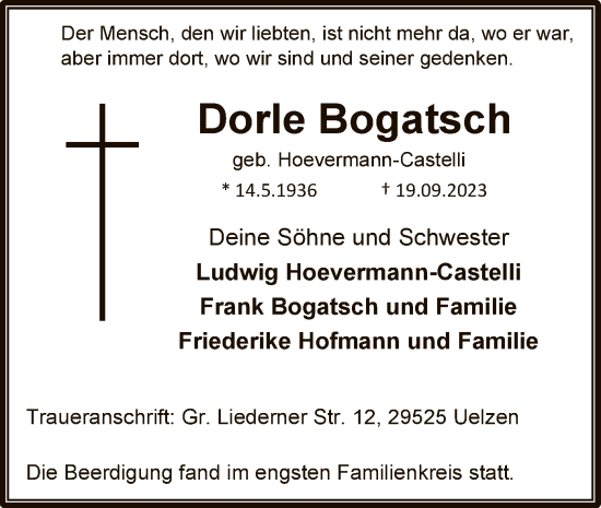 Todesanzeige von Dorle Bogatsch von UEL