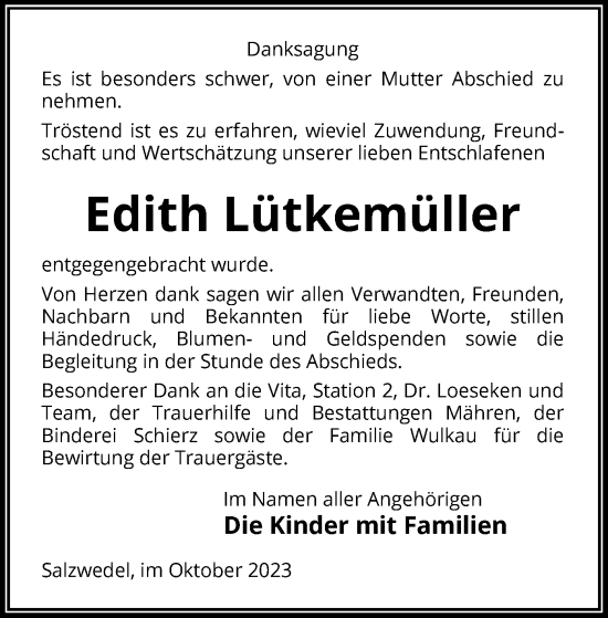Todesanzeige von Edith Lütkemüller von UEL