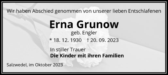 Todesanzeige von Erna Grunow von UEL
