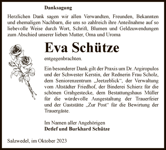 Todesanzeige von Eva Schütze von UEL