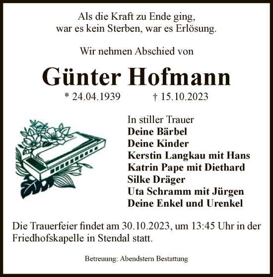 Todesanzeige von Günter Hofmann von UEL