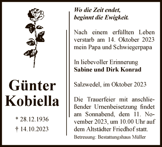 Todesanzeige von Günter Kobiella von UEL