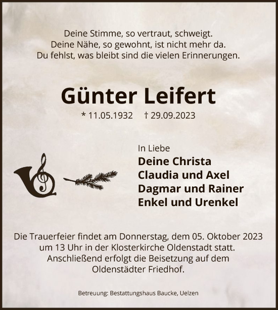 Todesanzeige von Günter Leifert von UEL