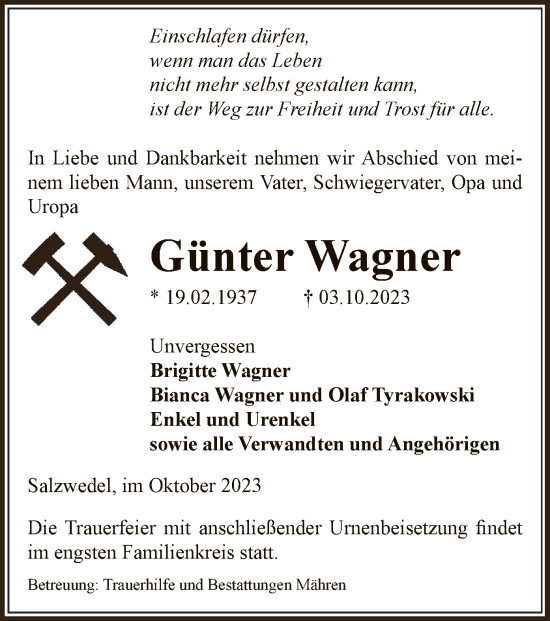 Todesanzeige von Günter Wagner von UEL