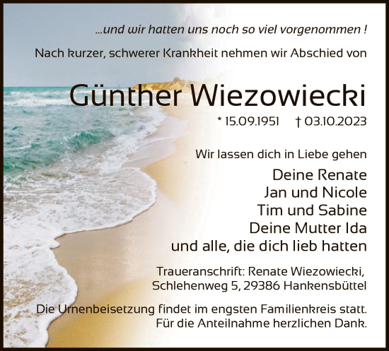 Todesanzeige von Günther Wiezowiecki von UEL
