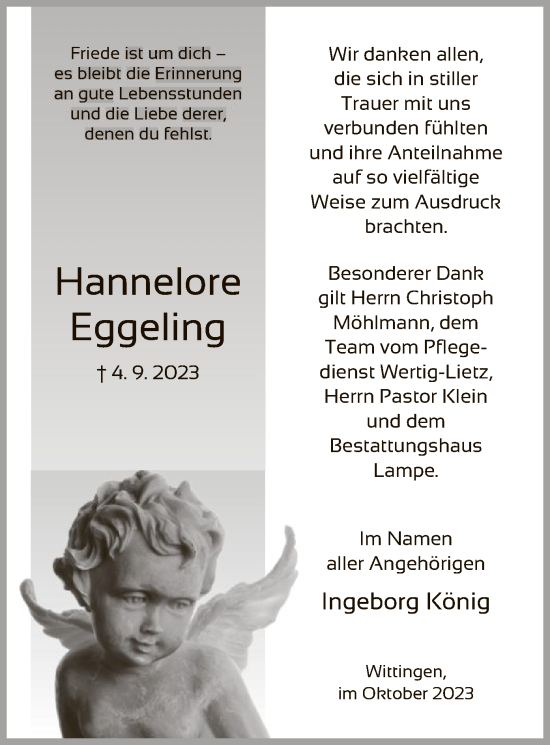 Todesanzeige von Hannelore Eggeling von UEL