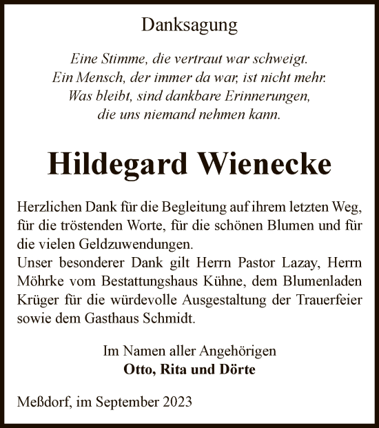 Todesanzeige von Hildegard Wienecke von UEL