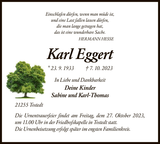 Todesanzeige von Karl Eggert von UEL