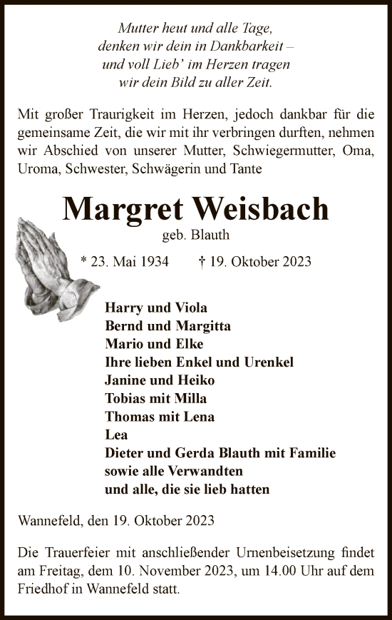 Todesanzeige von Margret Weisbach von UEL