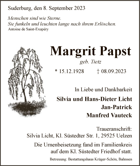 Todesanzeige von Margrit Papst von UEL