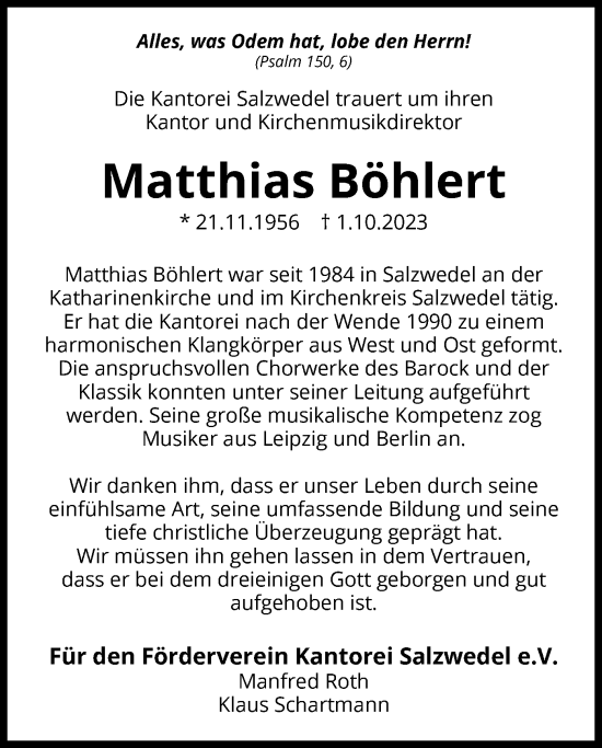 Todesanzeige von Matthias Böhlert von UEL