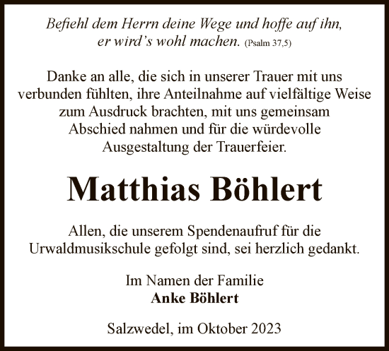 Todesanzeige von Matthias Böhlert von UEL