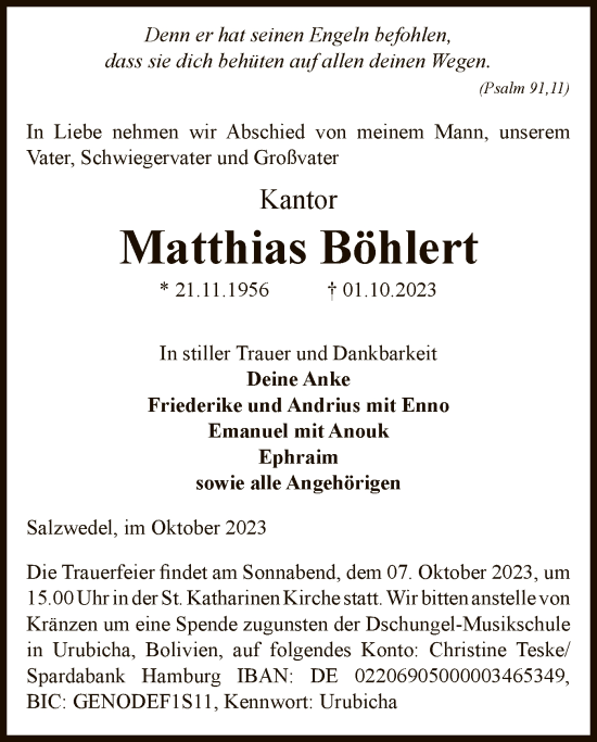 Todesanzeige von Matthias Böhlert von UEL