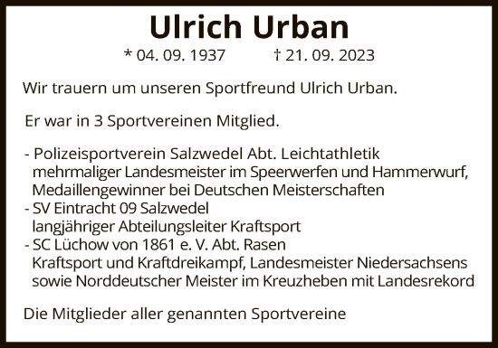 Todesanzeige von Ulrich Urban von UEL