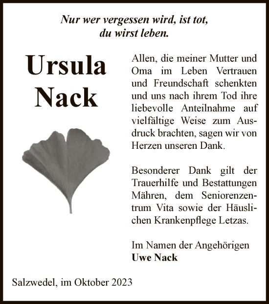 Todesanzeige von Ursula Nack von UEL