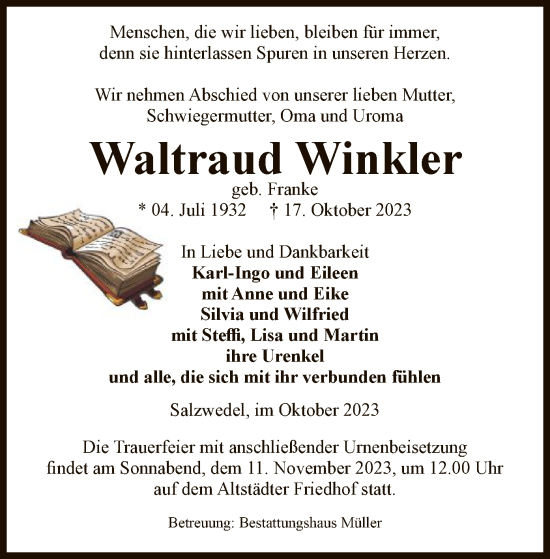 Todesanzeige von Waltraud Winkler von UEL