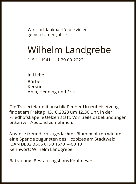 Todesanzeige von Wilhelm Landgrebe von UEL