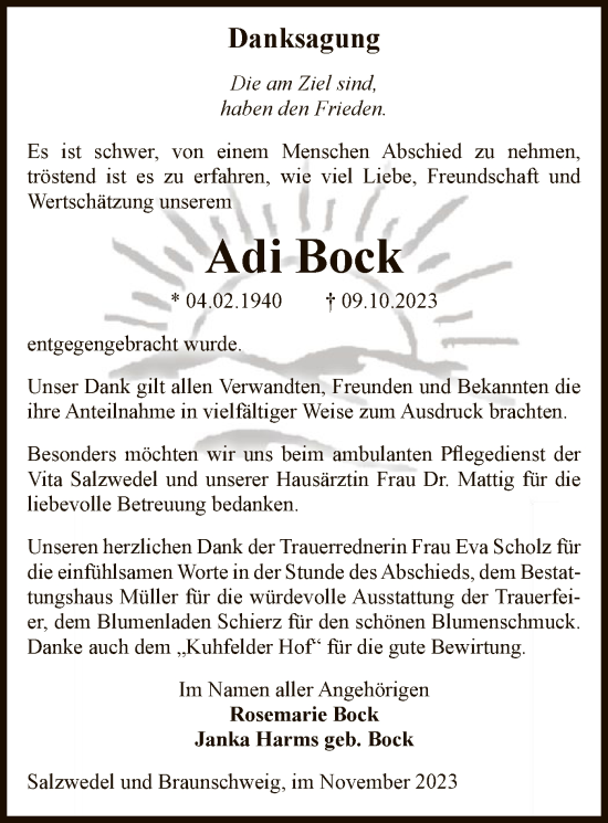 Todesanzeige von Adi Bock von UEL
