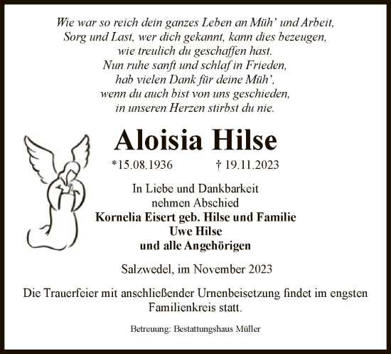 Todesanzeige von Aloisia Hilse von UEL