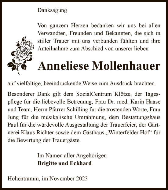 Todesanzeige von Anneliese Mollenhauer von UEL
