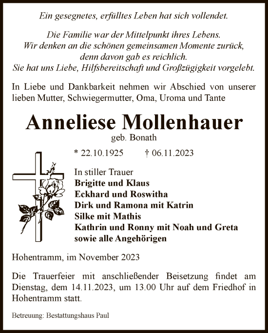 Todesanzeige von Anneliese Mollenhauer von UEL