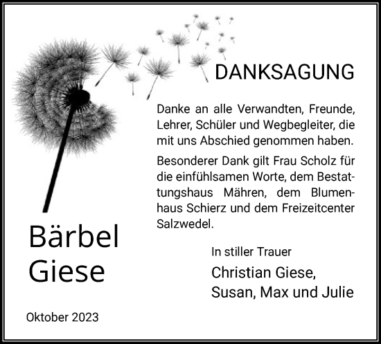 Todesanzeige von Bärbel Giese von UEL
