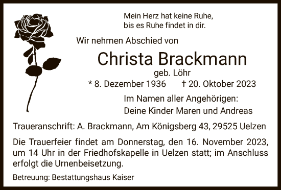 Todesanzeige von Christa Brackmann von UEL