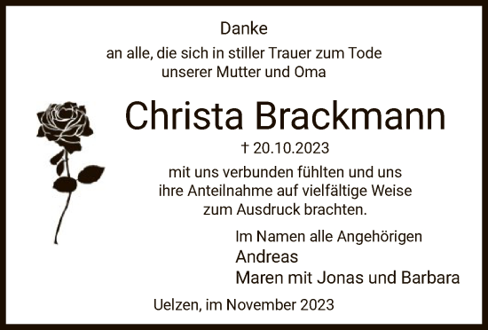 Todesanzeige von Christa Brackmann von UEL