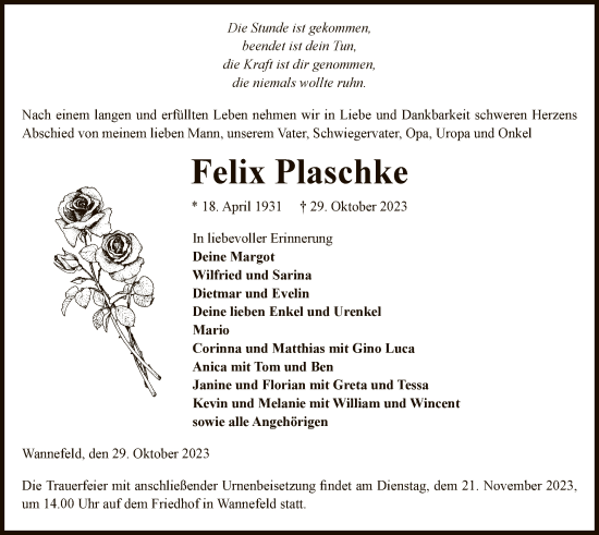 Todesanzeige von Felix Plaschke von UEL