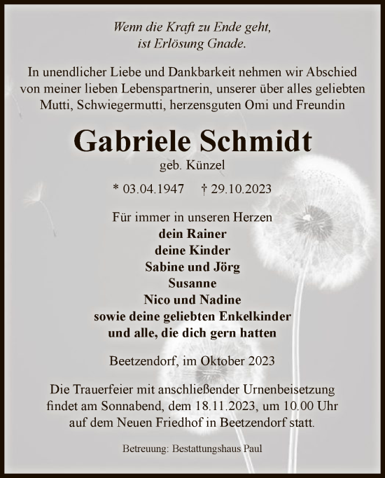 Todesanzeige von Gabriele Schmidt von UEL
