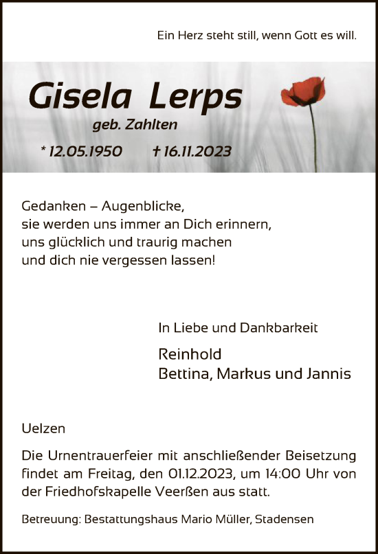 Todesanzeige von Gisela Lerps von UEL