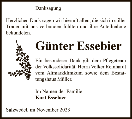 Todesanzeige von Günter Essebier von UEL
