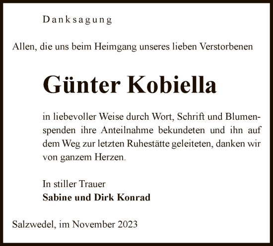 Todesanzeige von Günter Kobiella von UEL