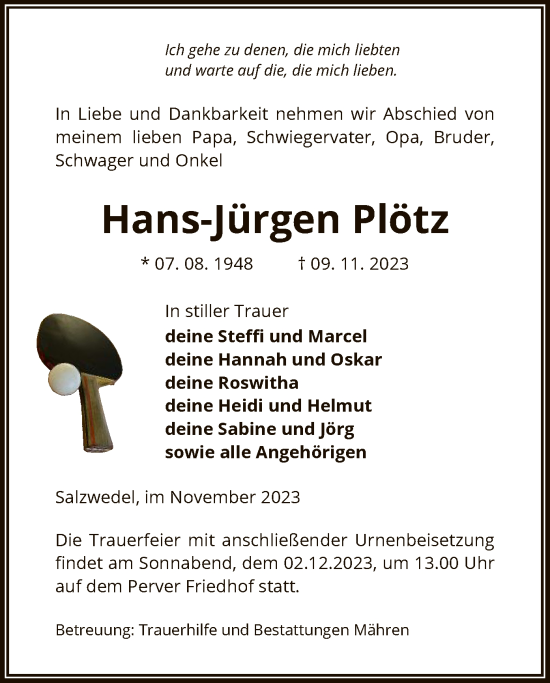 Todesanzeige von Hans-Jürgen Plötz von UEL