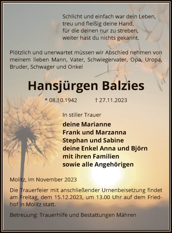 Todesanzeige von Hansjürgen Balzies von UEL