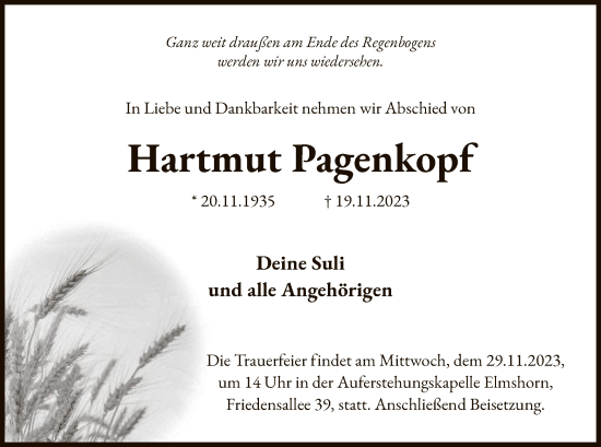 Todesanzeige von Hartmut Pagenkopf von UEL