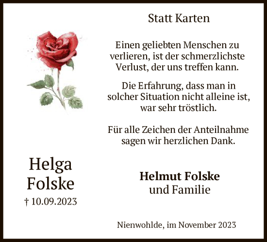 Todesanzeige von Helga Folske von UEL