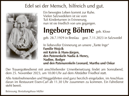 Todesanzeige von Ingeborg Böhme von UEL