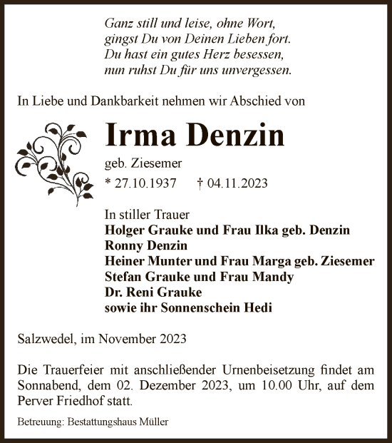 Todesanzeige von Irma Denzin von UEL