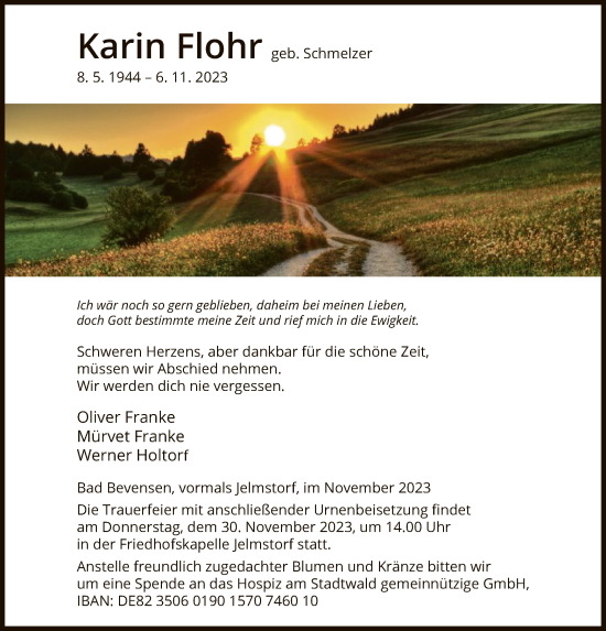 Todesanzeige von Karin Flohr von UEL