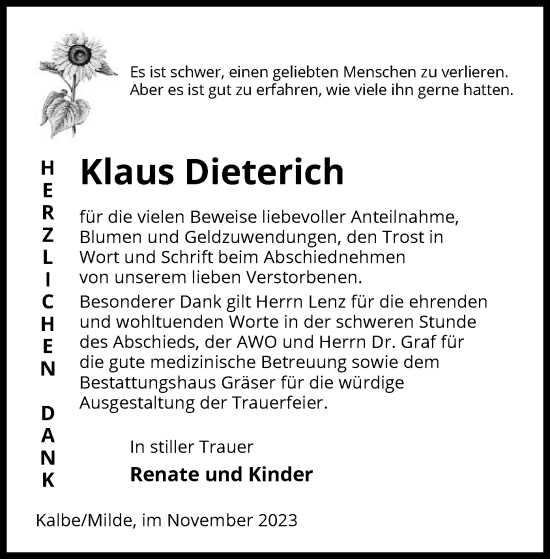 Todesanzeige von Klaus Dieterich von UEL