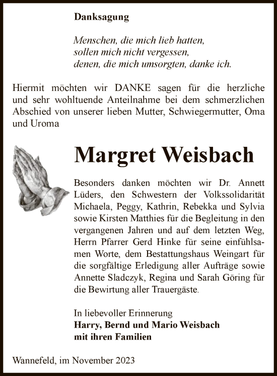 Todesanzeige von Margret Weisbach von UEL