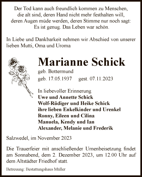Todesanzeige von Marianne Schick von UEL