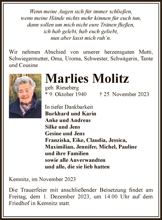 Todesanzeige von Marlies Molitz von UEL