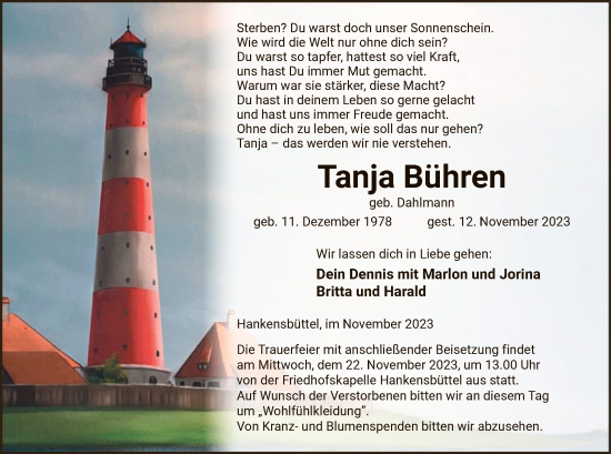 Todesanzeige von Tanja Bühren von UEL