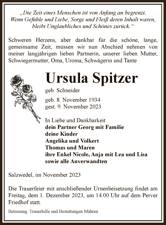 Todesanzeige von Ursula Spitzer von UEL