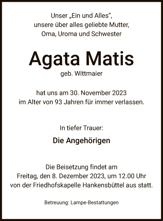 Todesanzeige von Agata Matis von UEL