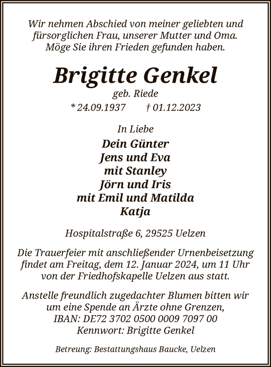 Todesanzeige von Brigitte Genkel von UEL