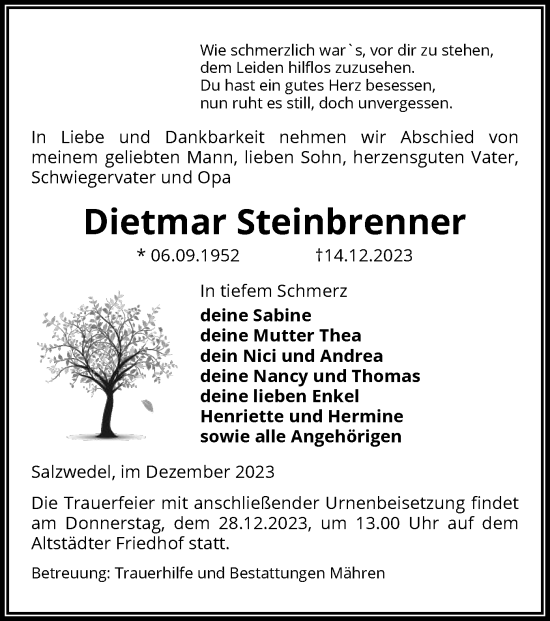 Todesanzeige von Dietmar Steinbrenner von UEL